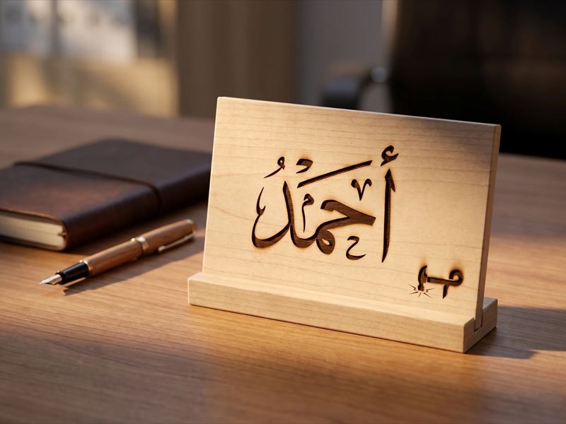 لوحة اسم مكتب خشبية بقاعدة، عليها الاسم أحمد محفورًا بالخط العربي، وبجانبها قلم ودفتر جلد (صورة توضيحية)